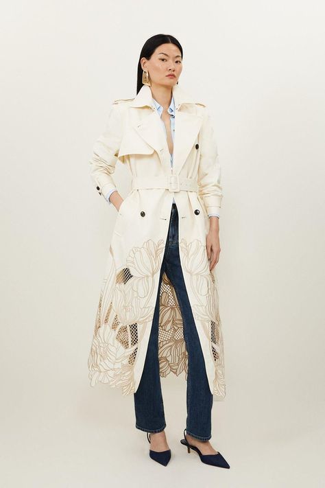 Tailored Cutwork Embroidered Belted Trench Coat - Ivory Workwear Capsule Wardrobe, Workwear Capsule, Plus Size Workwear, Two Piece Set Pants, Spring Wedding Guest Dress, Eid Outfits, Chic Coat, Outfits Petite, Belted Trench Coat