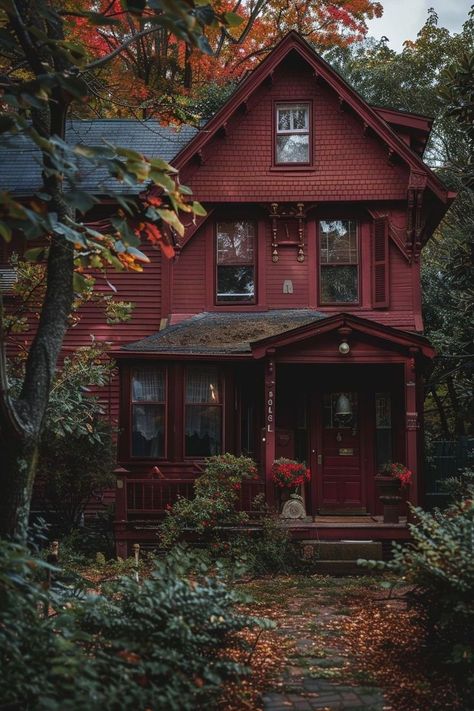 Whimsigothic House, Red House Aesthetic, Red And Black House, Red Exterior House Colors, Red Fall Aesthetic, Dark Americana, Cottagecore Houses, Red House Exterior, Red Cottagecore