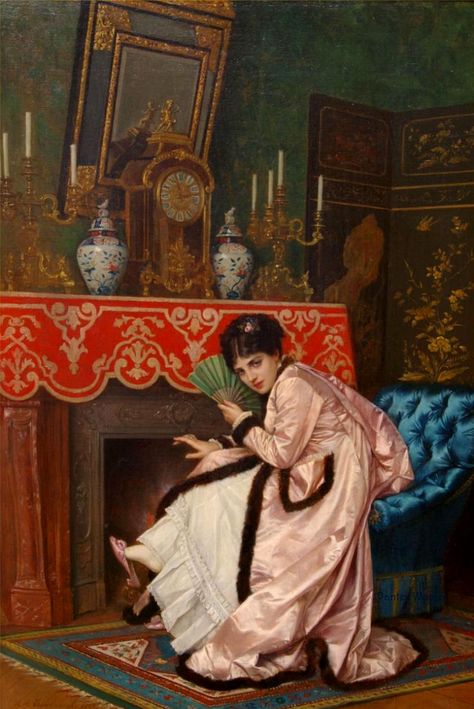 Woman Sitting in Front of a Fireplace by Auguste Toulmouche Auguste Toulmouche, John William Godward, Victorian Paintings, Woman Sitting, A4 Poster, Antique Paint, Vintage Artwork, French Art, Belle Epoque