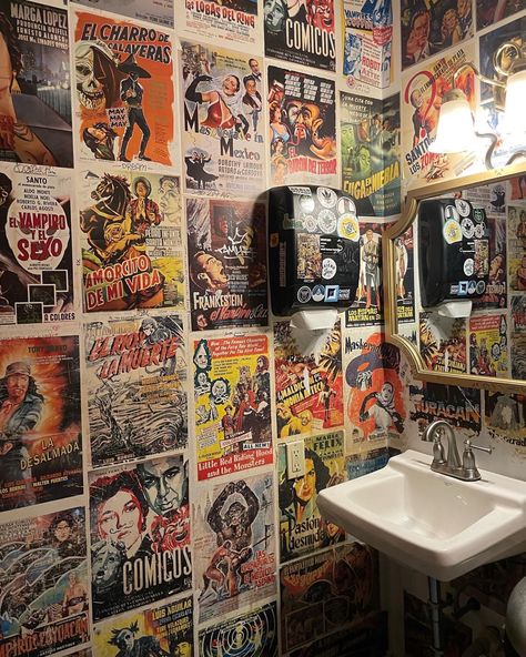 Retro Toilet Design, Rockstar Bathroom Decor, Grunge Bathroom Ideas, Punk Venue Bathroom, Funky Coffee Bar, Decoupage Walls Ideas, Punk Bathroom Aesthetic, Dive Bar Bathroom Aesthetic, Bar Bathroom Aesthetic