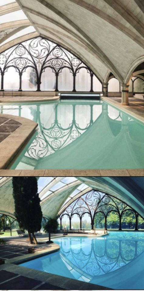 Gothic cellar roof with art nouveau windows over pool Organic Window Design, Gothic Pool, Solarpunk Art Nouveau, Gothic Swimming Pool, Art Nouveau Bathroom Window, Art Deco Pool, Art Nouveau Underwater, Art Nouveau House, Attic Window