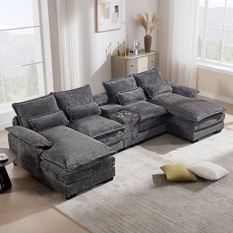 Amazon.com: Tmsan 124.8" U Shaped Sofa with Storage Console & Cup Holders & USB Ports, Modern Upholstered Cloud Sectional Couch with Double Cushions for Living Room, Apartment, Beige Chenille : Home & Kitchen Virginia Apartment, Comfortable Sectional Sofa, U Shaped Couch, Diy Wood Shelves, Grey Sectional Sofa, U Shaped Sectional Sofa, Couch With Chaise, Apartment Shopping, Comfortable Sectional