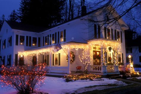 B, Inn, Stockbridge, Berkshires, Massachusetts, Christmas lights decorate the beautiful Four Seasons Bed & Breakfast at night in Stockbridge in the state of Massachusetts. Christmas Bed And Breakfast, Massachusetts Christmas, Berkshires Massachusetts, Christmas Exterior, Classical Christmas, Christmas Bed, Christmas Lights Outside, House Lights, Lights Decorations