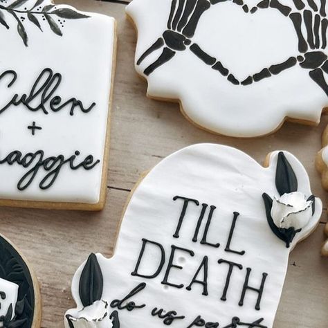 Halloween Wedding Cookies, Bride Or Die Cookies, Halloween Wedding Cookies Decorated, Skeleton Bachelorette Party, Goth Bride Bachelorette, Bachelorette Spooky, Bride Cookies, Bachelorette Cookies, Bridal Cookies