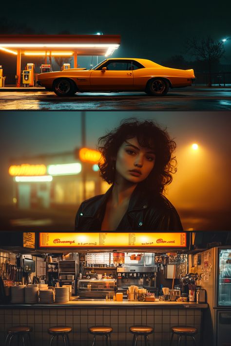 Step into the cinematic world of neon nights and retro vibes. This stunning collage captures the essence of nostalgia with a bold yellow muscle car at a gas station, a mysterious woman under the glow of vintage signs, and the warm allure of an old-school diner. Perfect for lovers of film noir aesthetics and retro-modern storytelling. #CinematicVibes #RetroAesthetic #NeonNights #VintageStyle #MoodBoard Gas Station Cinematic, Kodak Film Photography, Cinematic Car Photography, Gas Station Photoshoot Ideas, Cinematic Night Photography, Cinematic Car Shots, Gas Station Photoshoot Night, Photo Shots Ideas, Cinematic Shots Cinematography