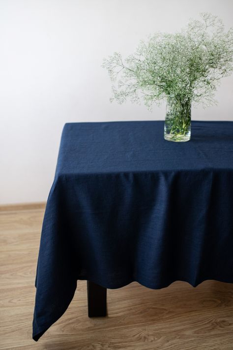 Crafted from premium linen, this tablecloth effortlessly combines style and durability. Whether you have a square, rectangle, or round table, we have the perfect size to fit your needs. Blue Linen Tablecloth, Dark Blue Table, Farmhouse Table Setting, Dining Tablecloth, Linen Table Cloth, Lunch Table, Custom Table Cloth, Blue Tablecloth, Plaid Tablecloth