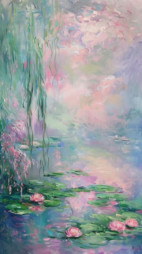 Water Pond Painting, Monet Oil Painting, Monet Inspired Paintings, Romantic Impressionist Art, Impressionist Paintings Monet, Water Lily Oil Pastel, Claude Monet Art Paintings, Diy Monet Painting, Monet Styled Paintings