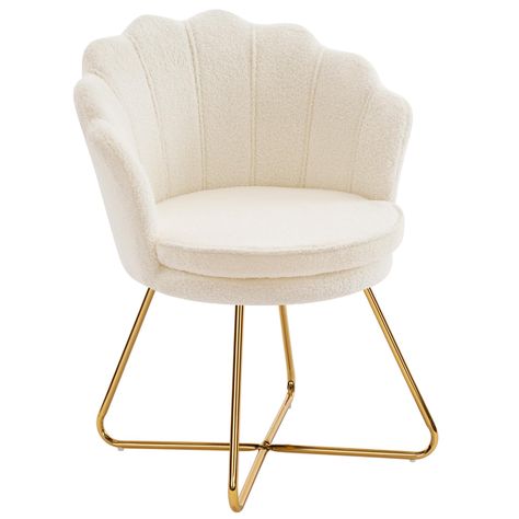 PRICES MAY VARY. 【UNIQUE DESIGN】: The shell-shaped backrest design makes this vanity chair with back novel and chic. The round backrest gives you a cozy wrap-around feeling. The sherpa fabric paired with eye-catching golden legs makes this seashell chair a beautiful touch in any room. 【SOFT AND COMFORTABLE】: The petal make up chair is made of comfortable faux fur material and filled with high resilient sponge, the soft texture provides you with a comfortable sitting experience. Detachable cushio