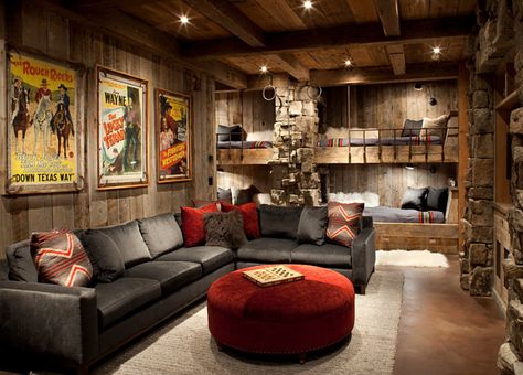 Rustic Ski Lodge - Home Bunch - An Interior Design & Luxury Homes Blog Rustic Family Room Ideas, Rustic Ski Lodge, Rustic Family Room, Contemporary Family Room, Shape Sofa, Barn Living, Pool Room, Bunk Rooms, Living Room Decor Rustic