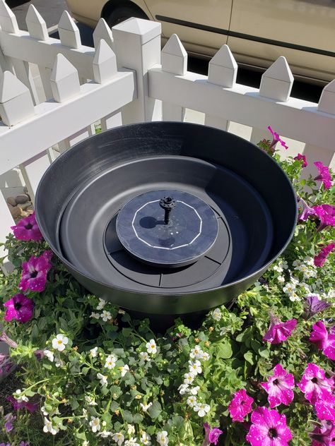 Bird Bath Fountain Ideas, Solar Fountain Ideas, Solar Bird Bath Fountain Diy, Solar Fountains Outdoor Diy, Diy Fountains Backyard Simple Solar, Small Solar Water Fountains Outdoor, Solar Pumps Garden Fountains, Flower Pot Fountain Diy Solar, Modern Bird Baths