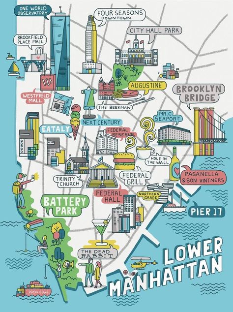 A Walking and Gawking Guide to Lower Manhattan - WSJ Nyc Tourist Map, Nyc Tourist, Map Of Manhattan, Walking Map, New York City Vacation, New York Vacation, Map Printable, Tourist Map, New York City Travel