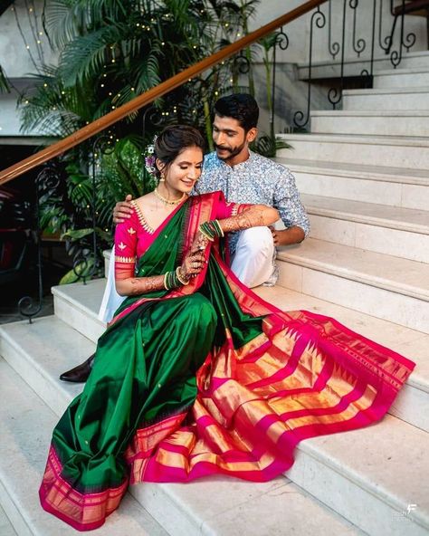 Shela & Pallu Shots From Maharashtrian Brides That We Loved! | WedMeGood Maharashtrian Engagement Look, Engagement Couple Dress, Engagement Looks, Kerala Saree Blouse Designs, Engagement Saree, Marathi Bride, Indian Wedding Poses, Engagement Photography Poses, Couple Wedding Dress