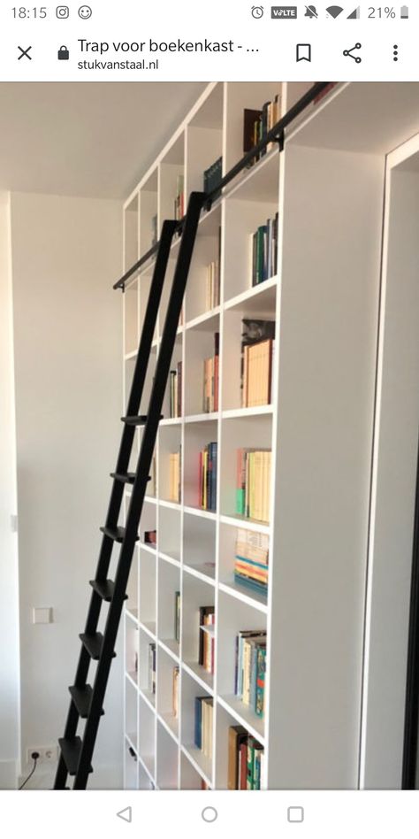 Sliding Ladder Bookshelf, Library With Ladder, Bookcase Stairs, Staircase Bookshelf, Bedroom Built Ins, Library Ladder, Study Desk Decor, Loft Stairs, Ladder Bookshelf