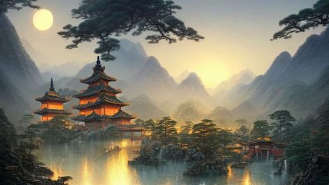 a beautiful painting of chinese - style ancient architecture city group built like a forest, at sunrise, bright moonlight and stars, mountains and flowing water in the distance by greg rutkowski and thomas kinkade, trending on artstation Greg Rutkowski, Architecture City, Flowing Water, Chinese Architecture, Thomas Kinkade, Beautiful Painting, Ancient Architecture, Autumn Aesthetic, Chinese Painting