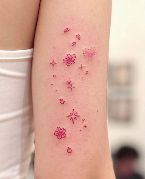 Cute Girly Tattoos, Pink Flower Tattoo, God Oc, Brown Tattoo, Kitty Tattoos, Pink Tattoo, Small Pretty Tattoos, Kawaii Tattoo, 4 Tattoo