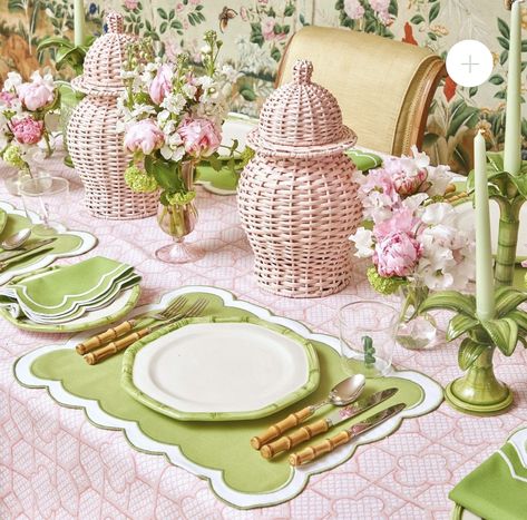 Rattan Charger Plate, Green Placemats, Mrs Alice, Starter Plates, Pink Tablecloth, Bamboo Cutlery, Gingham Tablecloth, Preppy Wedding, Placemats And Napkins