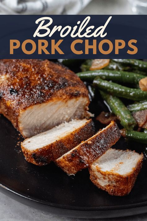 25-minute Boneless Broiled Pork Chops. The pork loin chops are rubbed with a homemade spicy smokie BBQ rub ( there is an option not to make it spicy). Then broiled in the oven for about 15 minutes. This is an easy and simple weeknight dinner that is budget-friendly! Pair it with some steamed veggies and simple mac and cheese for a classic weeknight dinner. Broil Pork Chops In Oven, Broiled Pork Steaks In Oven, Broiled Pork Chops Oven, Boneless Pork Chops Oven, Pork Chop Rub, Simple Mac And Cheese, Broiled Pork Chops, Oven Pork Chops, Boneless Pork Loin Chops