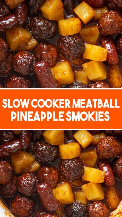 Meatballs cooked slowly A tasty and simple snack for any game day party, pineapple smokies are made with apricot preserves, barbecue sauce, and pineap... Slow Cooker Pineapple Barbecue Meatballs, Meatballs And Lil Smokies Crockpot, Pineapple Barbecue Meatballs, Meatball Pineapple Smokies, Pineapple Smokies, Apricot Meatballs, Game Day Meatballs, Pineapple Bbq Meatballs, Pineapple Meatballs