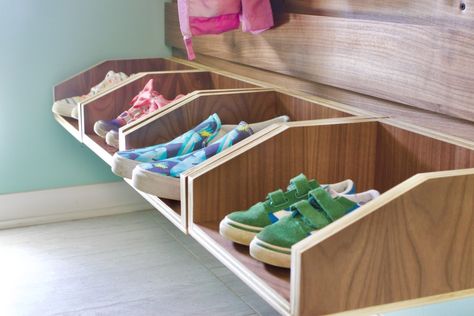 French Cleat Entryway Wall – Burritos and Bubbly French Cleat Shoe Rack, French Cleat Wall, Cleat Wall, Plywood Edge, Shoe Cubby, Walnut Plywood, Shelving Design, Shop Displays, French Cleat