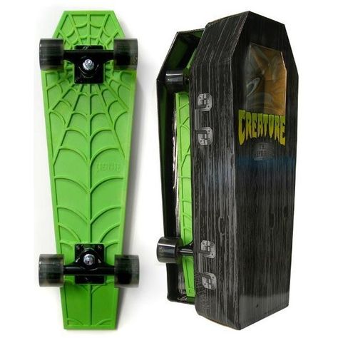 Green coffin shaped Creative Riprider web underbody skateboard Goth... ❤ liked on Polyvore featuring skateboards Coffin Skateboard, Cool Skateboards Designs, Cool Skateboard Decks, Cartoon Tattoo Ideas, Animated Shows, Creature Skateboards, Longboard Design, Skateboarding Tricks, Skateboard Deck Art