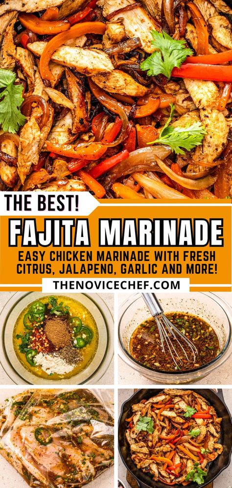 This bright, fresh and zesty chicken fajita marinade recipe is super quick and easy to whip together. Featuring fresh citrus, garlic, and spicy jalapeño, your chicken fajitas will be so tender and juicy, with a great depth of flavor! Fajitas Marinade Chicken, Quick And Easy Chicken Fajita Recipe, Chicken And Shrimp Fajitas Recipes, Shrimp Fajitas Marinade, Chicken Marinade For Fajitas, Sauce For Chicken Fajitas, Fajita Meat Marinade, Chicken Mexican Marinade, Shrimp Fajita Marinade