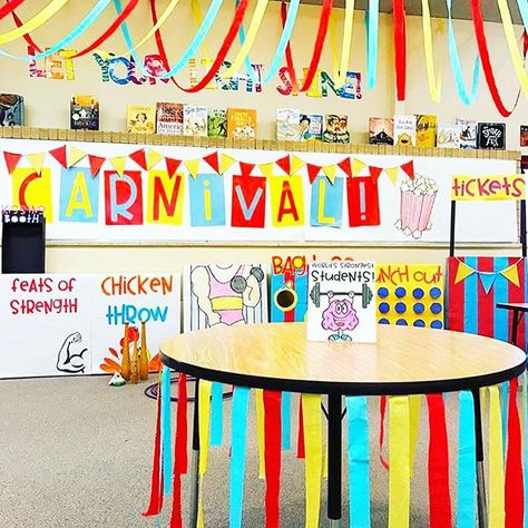 Turn your classroom into a carnival right before testing? Uhm, YES PLEASE! 🎡 This carnival classroom transformation by @cootiesandcuties is… School Carnival Decorations, Circus Theme Decorations, Carnival Classroom, Circus Classroom, School Book Fair, Carnival Decorations, School Carnival, Carnival Themed Party, Children Activities