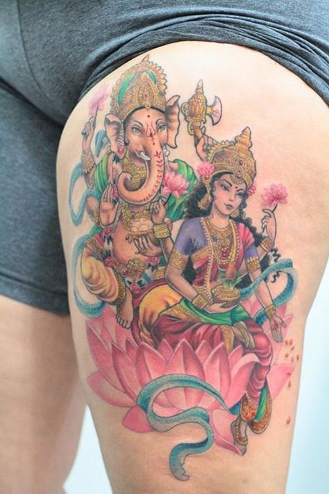 Lakshmi Tattoo, Ganesh And Lakshmi, Ganesh Tattoo, Hindu Tattoo, Polynesian Tattoos, Ganesha Tattoo, Geometric Tattoos, Lakshmi Images, Lotus Tattoo