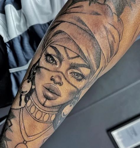 African Worrier Tattoo, Black Women Portrait Tattoo, African Goddess Tattoo Black Women Art, African Art Tattoo Black Women, Melanin Goddess Tattoo, Dreadlock Tattoo Design, African Back Tattoo Women, African Warrior Women Tattoo, African Princess Tattoo