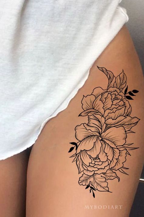 Side Thigh Tattoos Roses, Thigh Rose Tattoos Women, Thigh Tattoos Women Line Work, Medium Thigh Tattoo, Simple Thigh Tats For Women, Tattoo Ideas For Thighs, Thigh Rose Tattoo, Side Thigh Tattoos Women Simple, Small Thigh Tattoo Women