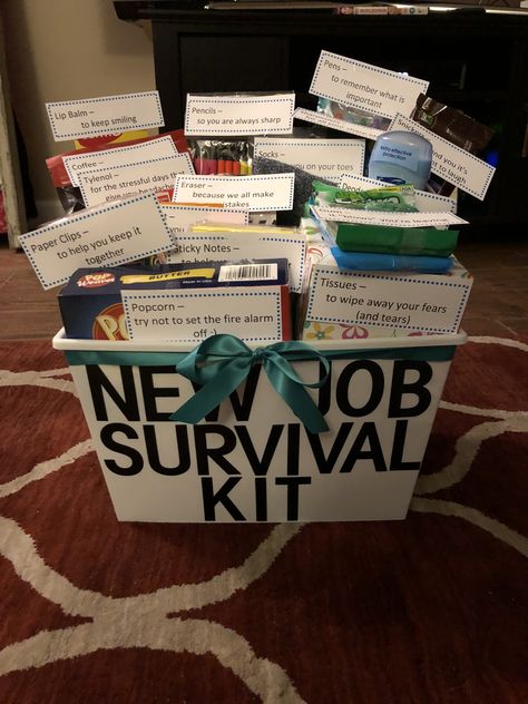 Funny new job survival kit New Job Party, New Job Survival Kit, Job Promotion Gifts, Goodbye Gifts For Coworkers, Farewell Gift For Coworker, Survival Kit Gifts, Goodbye Party, Promotion Party, Goodbye Gifts