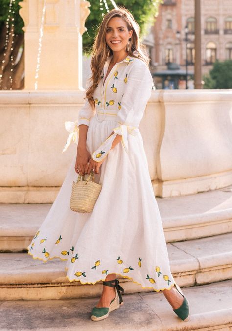 7.18 lemon print in seville (Gul Hurgel lemon-embroidered dress + Castaner espadrilles + Anthropologie earrings) Lemon Dress Outfit, Espadrilles Outfit Dress, Castaner Espadrilles Outfit, Gul Hurgel, Espadrilles Outfit, Italy Wedding Guest Outfit, Italy Wedding Guest, Outfit Summer Casual, Lemon Print Dress