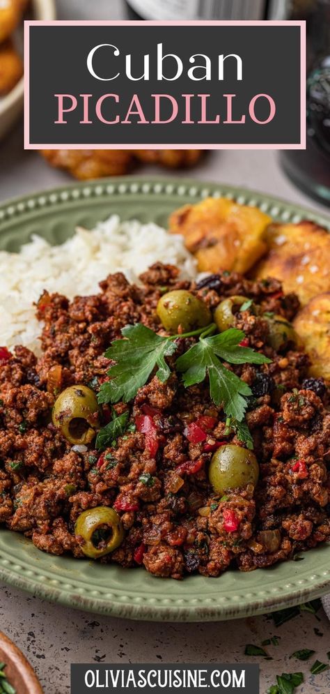 A tried and true version of Cuban Beef Picadillo! Juicy and tender, packed with flavor and made in one pan. Served with rice, this is the ultimate Cuban comfort food! If you're looking for flavorful and easy ground beef recipes, you have to try this authentic Cuban recipe for Picadillo! A one pan meal idea, this easy dinner idea is perfect for weeknights, or for meal prep! Best Cuban Picadillo Recipe, Ground Beef Spicy Recipes, Cuban Picadillo Recipe Authentic, Picadillo With Raisins, Authentic Picadillo Recipe, Picadillo Recipe Cuban Authentic, Dominican Ground Beef Recipes, Cuban Meat Recipes, Minced Meat Dinner Recipes