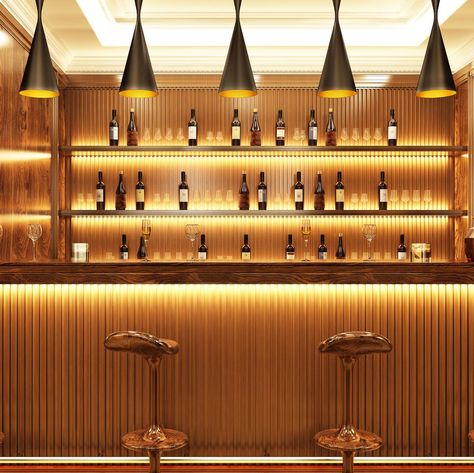 Luxury bar with drinks and bar stools Bar Lighting Design, Bar Shelves, Bar Shelf, Shelf Lighting, Back Bar, Bar Set Up, Light Display, Bar Design, The Bar