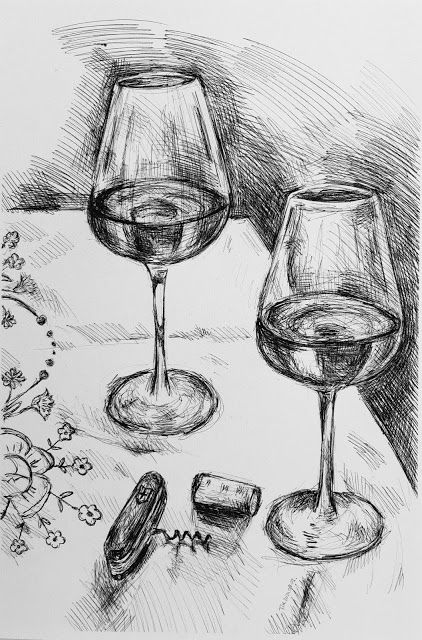 Wine Glass Pencil Sketch, Drawing Wine Glasses, Wine Glass Drawing Reference, Glassware Drawing, Wine Glass Drawing Simple, Drinking Drawing Alcoholic, Wine Drawing Sketches, Wine Glasses Drawing, Glass Of Wine Drawing