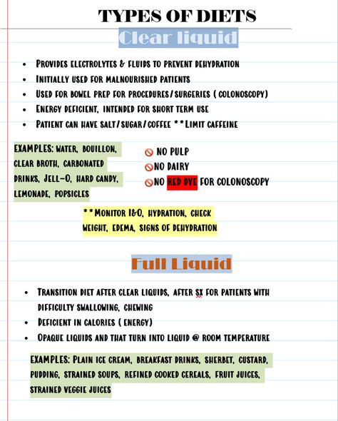 Therapeutic Diets Nursing, Nutrition Fundamentals Of Nursing, Nutrition Nursing Notes, Therapeutic Diet, Nursing Nutrition, Nursing Printables, Nursing School Studying Cheat Sheets, Gi System, Nursing Instructor