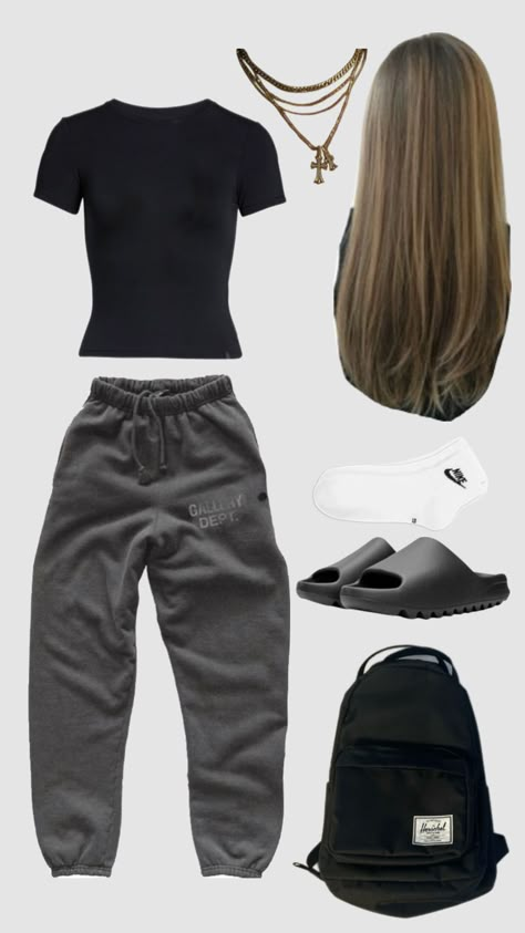 Outfit Inspo Headphones, Casual Swag Outfits Women, School Monday Outfit, Outfit Inspo Airport, The Hood Outfits, Chill Athletic Outfits, Comfy Outfits For Test Days, Onyx Yeezy Slides Outfit Women, Whole Outfit Ideas