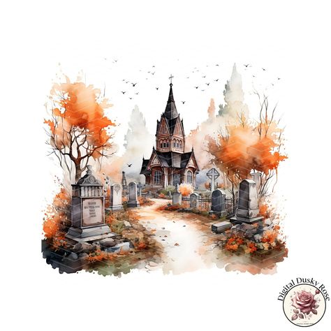 Watercolor Autumn Cemetery Clipart: Spooky Fall-Themed Illustrations for Halloween Decor and Scrapbooking https://digitalduskyrose.etsy.com/listing/1780929109 Add a hauntingly beautiful touch to your Halloween and autumn projects with our Watercolor Autumn Cemetery Clipart collection. This set features eerie yet stunning watercolor illustrations of a spooky cemetery surrounded by fall foliage, perfect for adding a seasonal and mysterious vibe to your designs. Ideal for Halloween decor, scra... Halloween Ilustraciones, Autumn Cemetery, Spooky Cemetery, Autumn Projects, Halloween Watercolor, Impressionistic Art, Architecture Construction, Fall Projects, Halloween Clipart