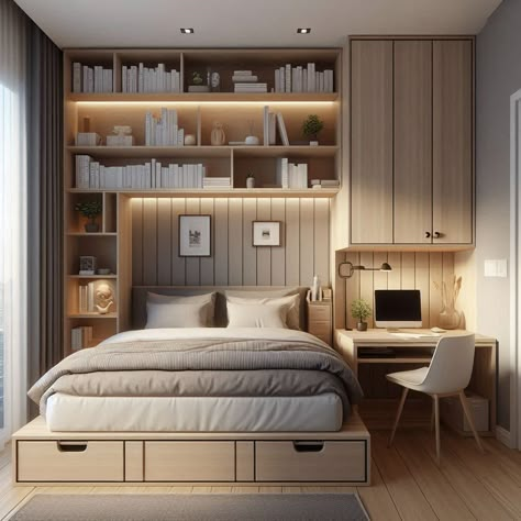 Simple Bedroom 4 Room Flat Design, Maid Room Ideas, Bedroom With Kitchen, Kids Bunk Bed Rooms, Simple Bedroom Ideas, Small Modern Bedroom, Student Bedroom, Contemporary Office Design, Indian Bedroom Decor