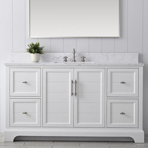 The classic clean lines and elegant styling of the 60-inch 3-hole bathroom vanity will infuse your bathroom with a calming, light, and airy feel. Designed to enhance a standard-size bathroom with a strong contemporary look with big character in a compact size. Beneath a lustrous and durable stone countertop is a beautifully integrated rectangular ceramic sink. Equipped with soft-closing cabinet doors and dovetailed drawers with gleaming black finished hardware, and silver-grey, white, and vintag Green Vanity, Elegant Styling, Vanity Art, Mdf Cabinets, Bathroom Transformation, Single Sink Vanity, Double Sink Bathroom, Marble Countertop, White Vanity Bathroom