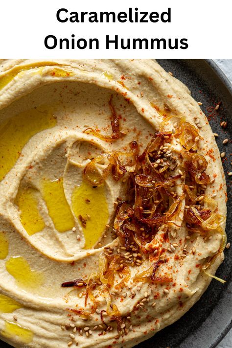 This Caramelized Onion Hummus recipe is so much better than store bought! Sweet caramelized onions are blitz with nutty chickpeas, creamy tahini, lemon and garlic. Use it as a dip for pita chips and crudites or spread in sandwiches and wraps. Caramelized Onion Hummus Recipe, Caramelized Onion Hummus, Onion Hummus Recipe, Onion Hummus, Sandwiches And Wraps, Avocado Salad Dressing, Carmelized Onions, Healthy Potatoes, Family Dishes