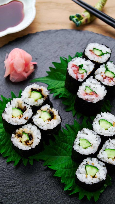 3 variations of Kappa Maki sushi rolls or cucumber sushi on a black plate with crispy cucumber and seasonings rolled with sweet and tangy sushi rice, and crisp nori. Kappa Maki, Crispy Cucumber, California Roll Recipes, Crowd Meals, Cucumber Rice, Asian Potluck, Cucumber Sushi Rolls, Cucumber Sushi, Maki Sushi