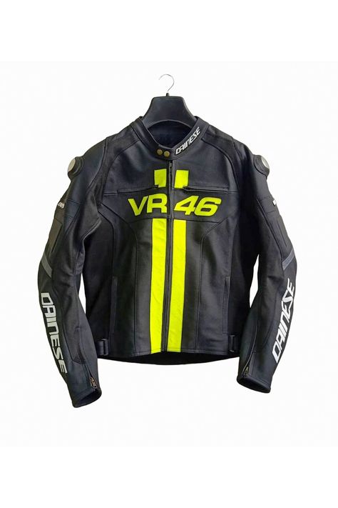 Introducing our specially designed motorcycle leather jacket, crafted to fulfill professional bikers' passion for track riding while ensuring optimal security. This jacket combines excellent design and comfort with the use of original cowhide leather. It is equipped with approved internal and external shoulder, elbow, and back protectors, as well as performance-enhancing YKK zips. #leatherjacket #racingjacket #vr46jacket #ridingjacket #motogp #custommadejacket #motorbikejacket #dainesejacket Dainese Jacket, Racing Leather Jacket, Motogp Rossi, Vr 46, Motorcycle Leather Jacket, Motorbike Jackets, Racing Jackets, Riding Jacket, Racing Jacket