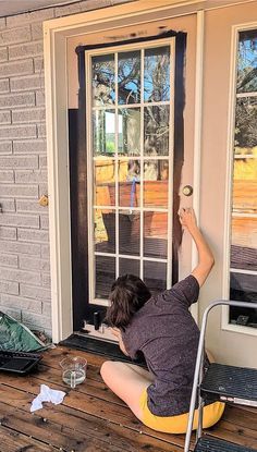 Painting your exterior french doors black makes SUCH a huge difference! Check out the after. #paint #black #frenchdoors Paint French Doors Black, French Doors Black, Paint Doors Black, Outdoor French Doors, Painted French Doors, Single Patio Door, French Doors Patio Exterior, Backyard Door, Exterior Door Frame