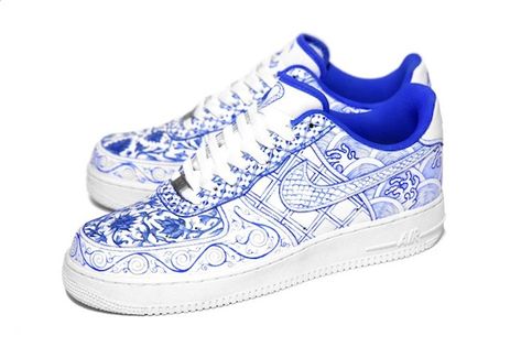 porcelain-dynasty-nike-air-force-one-c2-customs-1 Nike Shoes Design, Chicano Fashion, Paint Sneakers, Nike Air Force Custom, Skateboard Vans, Bandana Shoes, Air Force Custom, Graphic Shoes, Sand Shoes