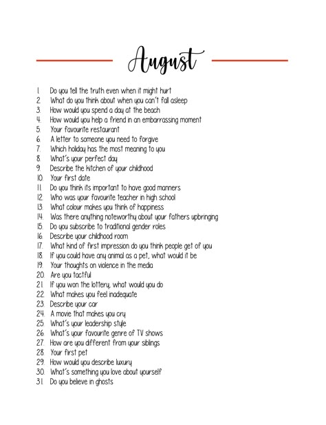 August Writing Prompts, Vignette Writing, August Writing, 2025 Questions, Healing Writing, 5 Year Journal, Empty Journal, Thoughtful Questions, August Holidays