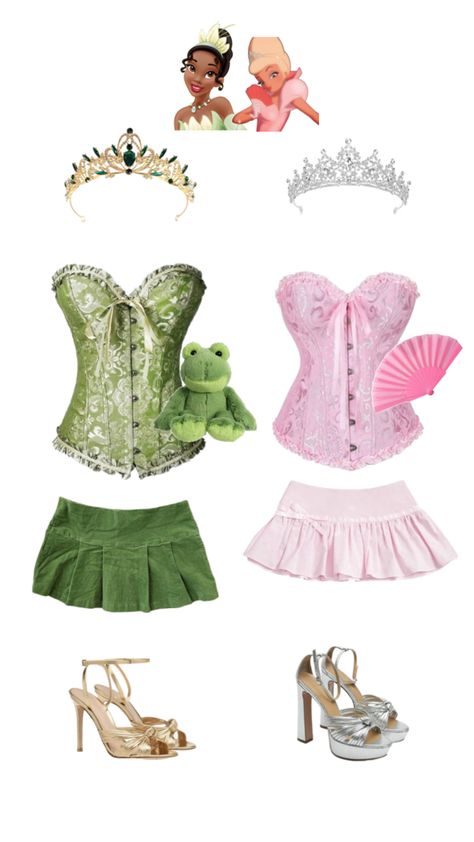 Bambi And Flower Costume, Tina And Lottie Costume, Halloween Y2k Costumes, Princess In The Frog Halloween Costume, Princess And The Frog Group Costume, Halloween Costumes Princess And The Frog, Princess Tiana Corset, Princess Lottie Costume, Corset Outfit Halloween Ideas