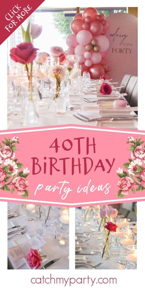 Take a look at this beautiful pink 40th birthday party! The table settings are gorgeous! See more party ideas and share yours at CatchMyParty.com 40 Birthday Centerpieces For Women, Floral 40th Birthday Party Decorations, Feminine Birthday Party Ideas, Feminine 40th Birthday Party, Floral 40th Birthday Party, Pretty In Pink 40th Birthday Party, Pink Themed 40th Birthday Party, Women Birthday Centerpieces, Pink Theme Table Setting