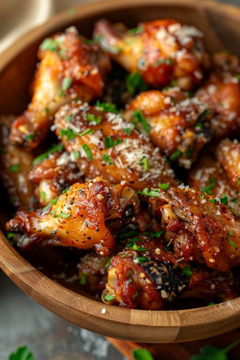 Wooden bowl filled with glazed chicken wings garnished with chopped parsley and grated cheese. Wings Recipe Parmesan Garlic, Boneless Chicken Wings Garlic Parmesan, Spicy Garlic Parmesan Wings, Garlic Parm Chicken Wings, Wings Appetizers, Baked Garlic Parmesan Chicken Wings, Best Buffalo Wings, Crispy Baked Chicken Wings Recipe, Garlic Parmesean Wings