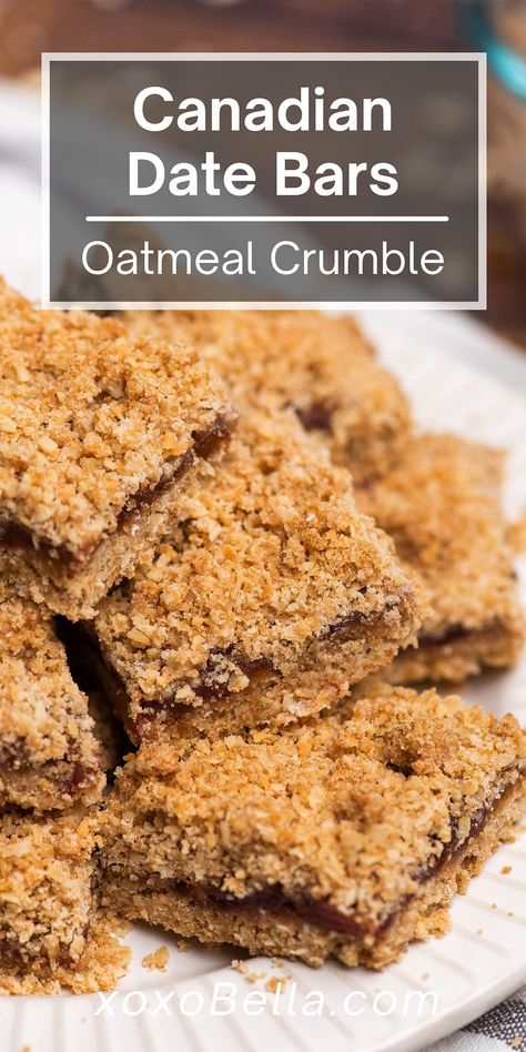 Both hearty and healthy, these Canadian date bars with oatmeal crumble topping are certainly delicious. They're packed with tasty ingredients like dates, oats, coconut, and cinnamon. Enjoy homemade date bars for breakfast, as part of brunch, or even as an unusual dessert. topping is bursting with flavour. If you fondly remember Canadian date squares, now you can make your own version at home. These really are good! #bars #squares #baking #dates #homemade #scratch #oatmeal Bars With Oatmeal, Good Bars, Date Recipes Desserts, Oatmeal Crumble Topping, Unusual Dessert, Oatmeal Crumble, Cranberry Bliss Bars, Healthy Sweeteners, Date Bars