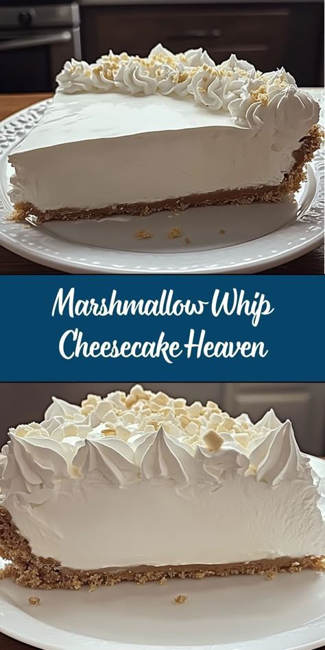 This Marshmallow Whip Cheesecake Heaven is a dreamy, no-bake dessert that combines the fluffiness of marshmallow cream, the tanginess of cream cheese, and the crunch of a graham cracker crust. It’s an easy, crowd-pleasing treat perfect for any occasion! Whipped Cheesecake, Cheesecake With Whipped Cream, Cheese Desserts, Cream Cheese Desserts, No Bake Recipes, Baked Cheesecake Recipe, Easy Pie Recipes, Marshmallow Cream, White Frosting